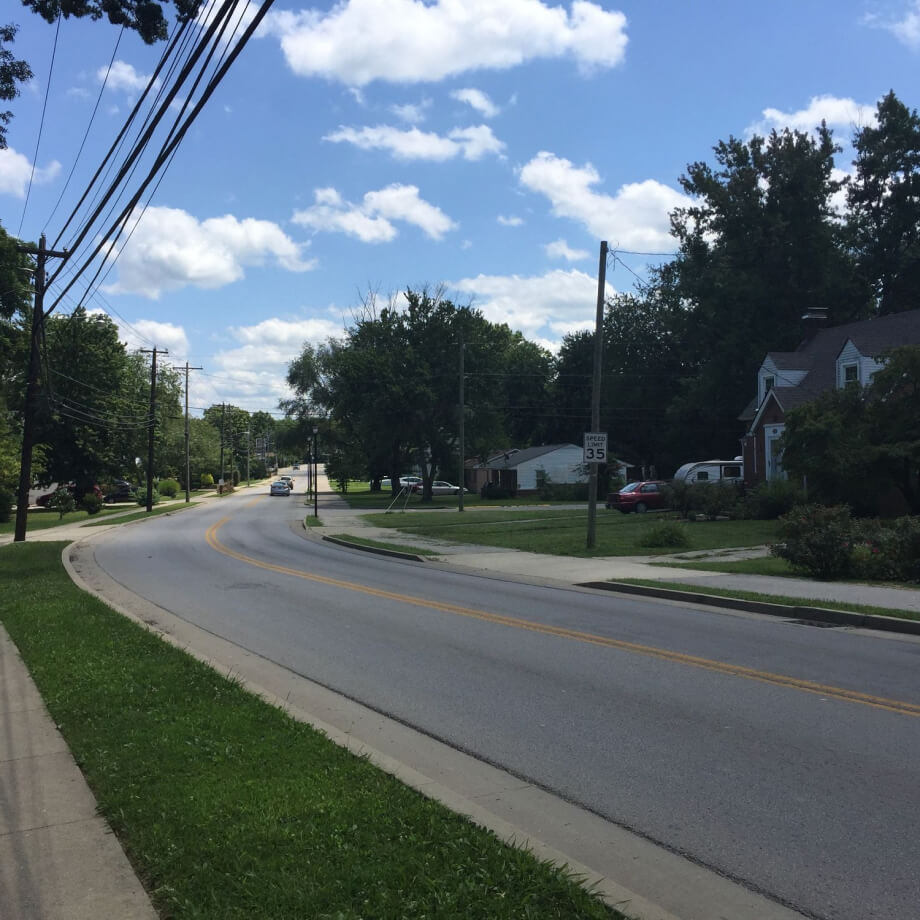 two houses and leafy trees along a road