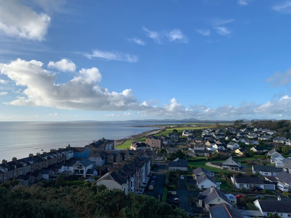 aerial view of houses along a waterfront